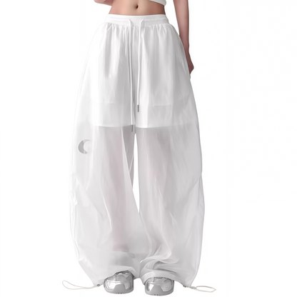 REINAREA | Y2K Sheer Wide Leg Cargo Pants | High Waist Drawstring Moon Star Print Pants | 2026 Summer Casual Trousers