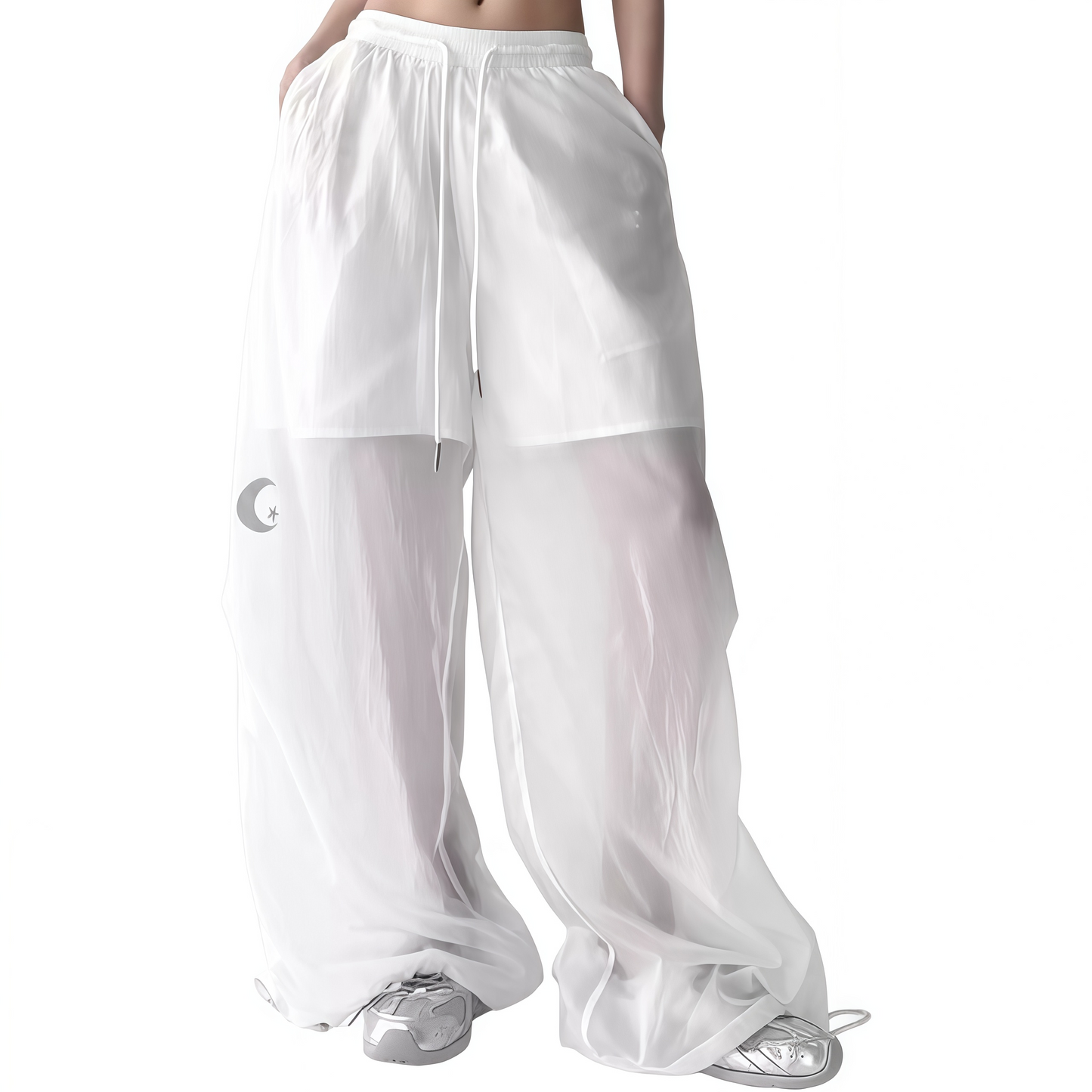 REINAREA | Y2K Sheer Wide Leg Cargo Pants | High Waist Drawstring Moon Star Print Pants | 2026 Summer Casual Trousers