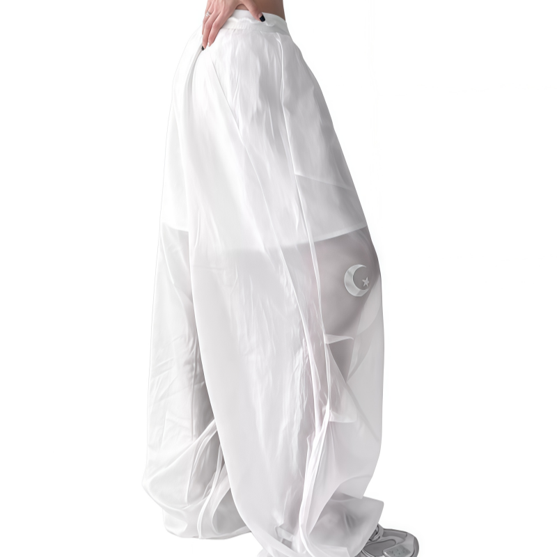 REINAREA | Y2K Sheer Wide Leg Cargo Pants | High Waist Drawstring Moon Star Print Pants | 2026 Summer Casual Trousers