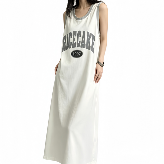 REINAREA | Vintage Basketball Jersey Maxi Dress | Oversized Sleeveless Tank Dress with Pockets | 1997 Retro Casual Summer Dress