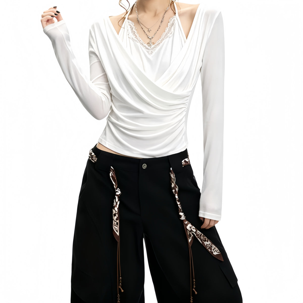 REINAREA | Fall 2026 New Arrival Women's 2 Piece Top | Oatmeal Gray Lace Halter Tie Neck Cowl Draped Ruched Slim Fit Long Sleeve Tee for Layering Casual Wear