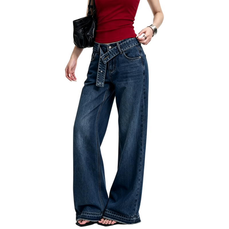 REINAREA | Fall 2026 New Arrival Women's High Waisted Wide Leg Jeans | Belted Raw Hem Relaxed Straight Leg Denim Pants for Casual Streetwear Daily Wear