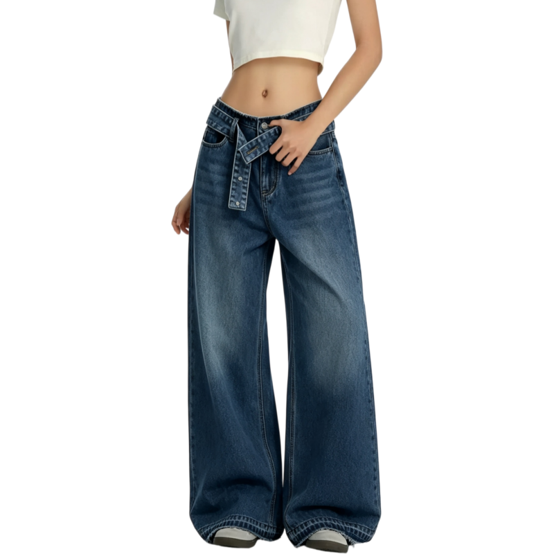 REINAREA | Fall 2026 New Arrival Women's High Waisted Wide Leg Jeans | Belted Raw Hem Relaxed Straight Leg Denim Pants for Casual Streetwear Daily Wear