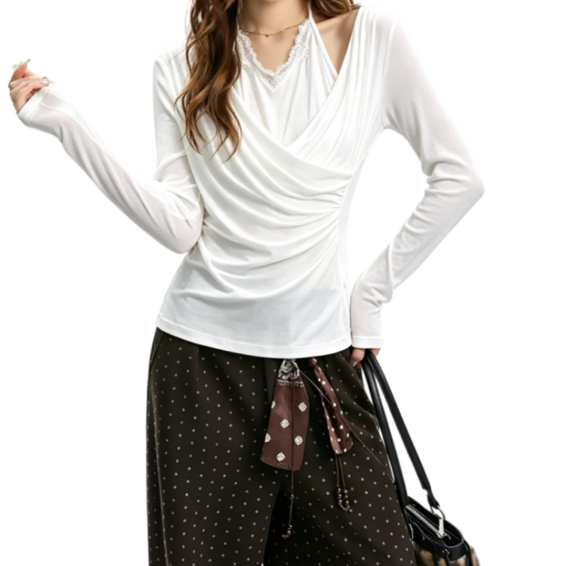 REINAREA | Fall 2026 New Arrival Women's 2 Piece Top | Oatmeal Gray Lace Halter Tie Neck Cowl Draped Ruched Slim Fit Long Sleeve Tee for Layering Casual Wear