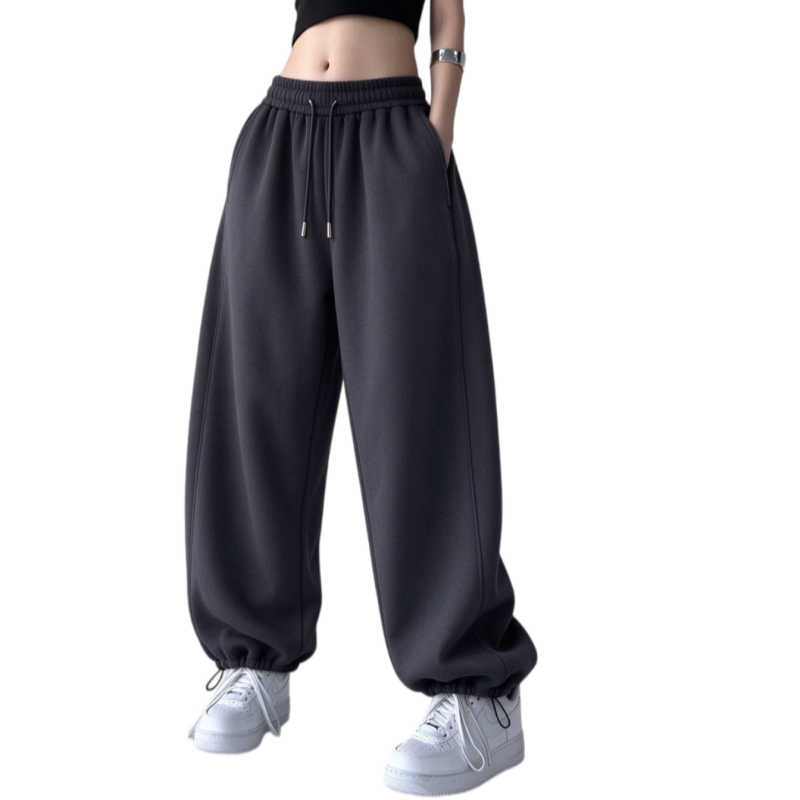 Front view of women's deep gray oversized baggy thermal sweatpants in a relaxed straight-leg drape