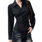 REINAREA | 2026 Fall Women Wrap Twist Waist Shirt | Long Sleeve Collared Slim Fit Blouse | Elegant Ruched Design Casual Office Top | Black White Two Colors