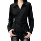 REINAREA | 2026 Fall Women Wrap Twist Waist Shirt | Long Sleeve Collared Slim Fit Blouse | Elegant Ruched Design Casual Office Top | Black White Two Colors