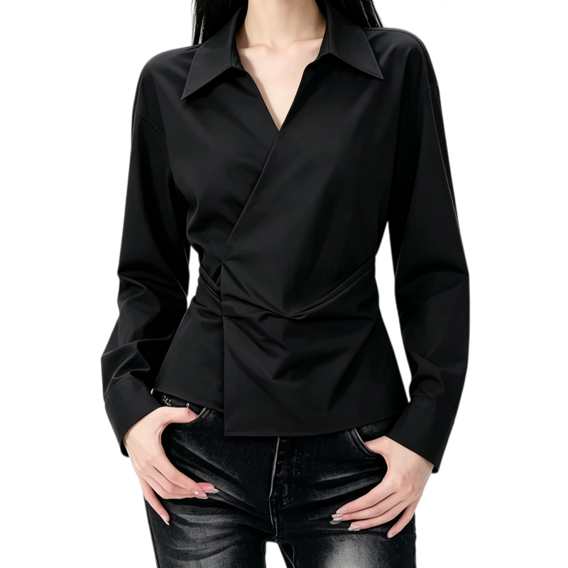 REINAREA | 2026 Fall Women Wrap Twist Waist Shirt | Long Sleeve Collared Slim Fit Blouse | Elegant Ruched Design Casual Office Top | Black White Two Colors