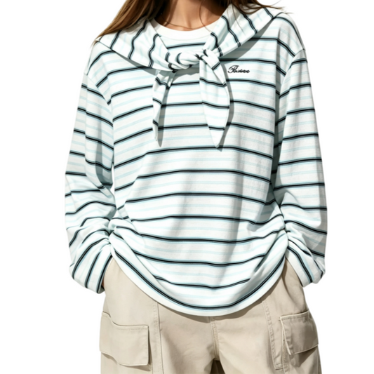 REINAREA | Fall 2026 New Arrival Women's Striped Long Sleeve T-Shirt | Attached Tie Shawl Collar Textured Knit Casual Urban Designer Top