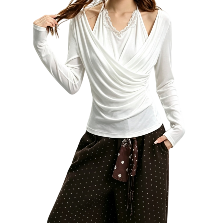REINAREA | Fall 2026 New Arrival Women's 2 Piece Top | Oatmeal Gray Lace Halter Tie Neck Cowl Draped Ruched Slim Fit Long Sleeve Tee for Layering Casual Wear