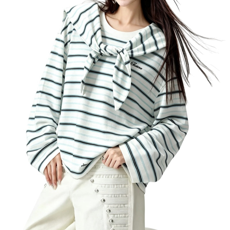 REINAREA | Fall 2026 New Arrival Women's Striped Long Sleeve T-Shirt | Attached Tie Shawl Collar Textured Knit Casual Urban Designer Top