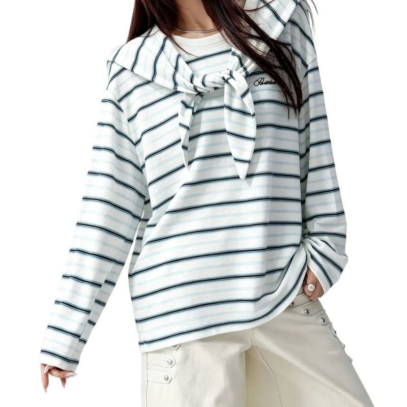 REINAREA | Fall 2026 New Arrival Women's Striped Long Sleeve T-Shirt | Attached Tie Shawl Collar Textured Knit Casual Urban Designer Top