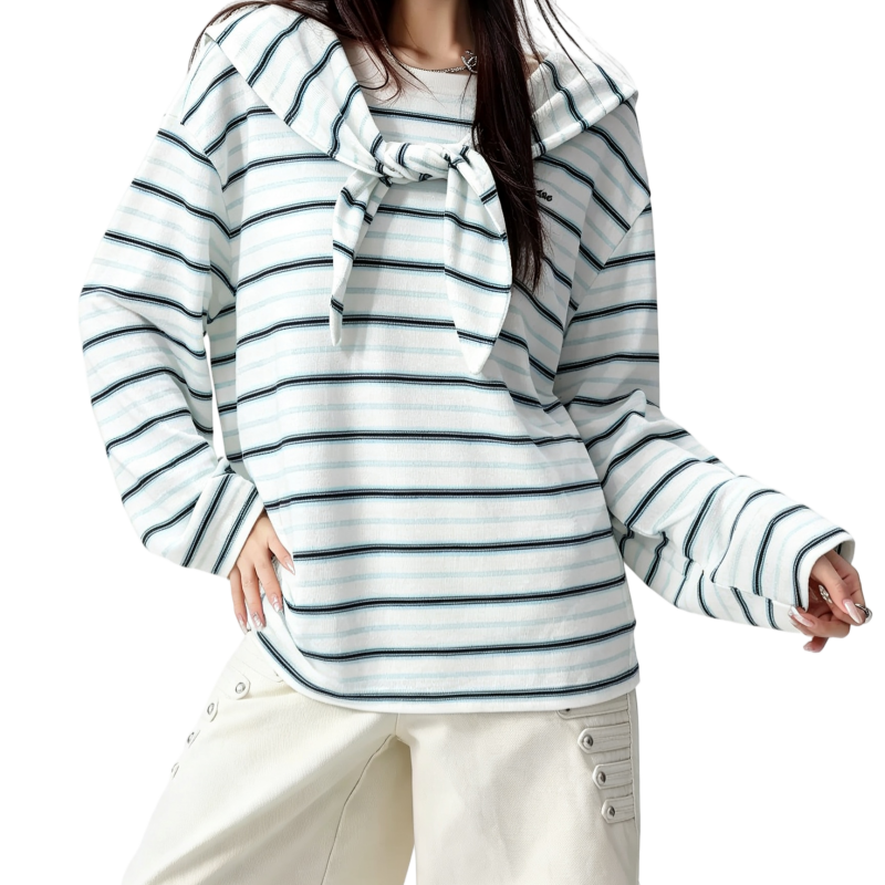 REINAREA | Fall 2026 New Arrival Women's Striped Long Sleeve T-Shirt | Attached Tie Shawl Collar Textured Knit Casual Urban Designer Top