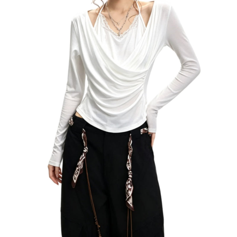 REINAREA | Fall 2026 New Arrival Women's 2 Piece Top | Oatmeal Gray Lace Halter Tie Neck Cowl Draped Ruched Slim Fit Long Sleeve Tee for Layering Casual Wear