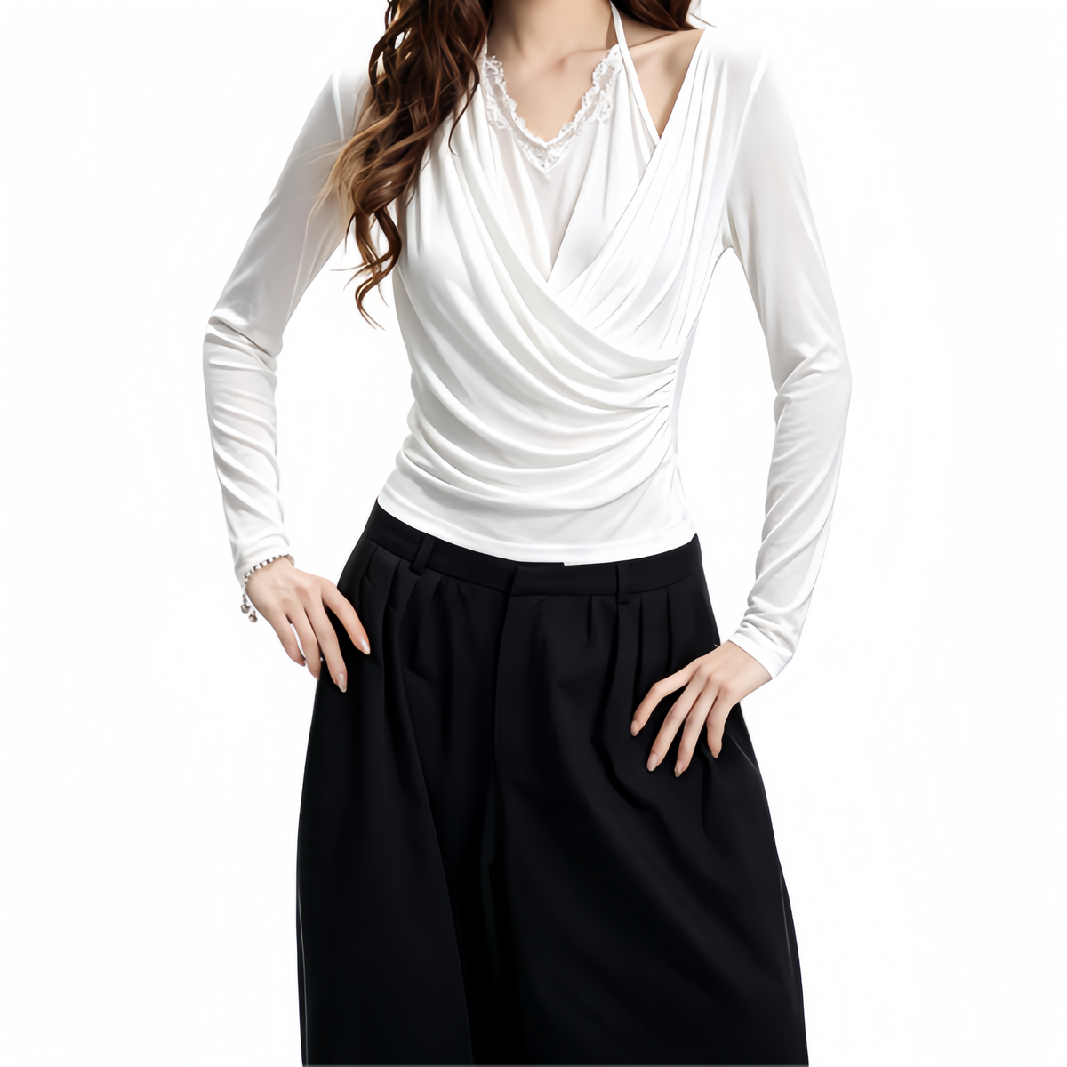 REINAREA | Fall 2026 New Arrival Women's 2 Piece Top | Oatmeal Gray Lace Halter Tie Neck Cowl Draped Ruched Slim Fit Long Sleeve Tee for Layering Casual Wear