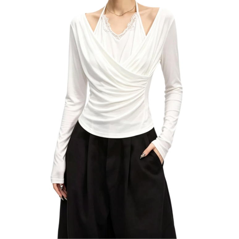 REINAREA | Fall 2026 New Arrival Women's 2 Piece Top | Oatmeal Gray Lace Halter Tie Neck Cowl Draped Ruched Slim Fit Long Sleeve Tee for Layering Casual Wear