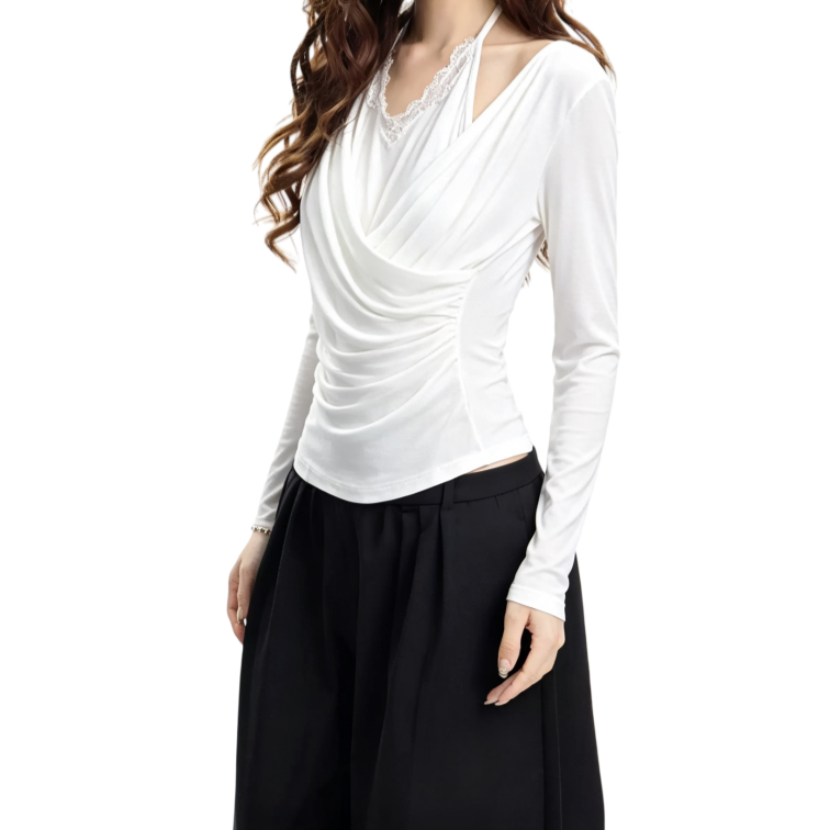 REINAREA | Fall 2026 New Arrival Women's 2 Piece Top | Oatmeal Gray Lace Halter Tie Neck Cowl Draped Ruched Slim Fit Long Sleeve Tee for Layering Casual Wear