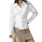 REINAREA | 2026 Fall Women Wrap Twist Waist Shirt | Long Sleeve Collared Slim Fit Blouse | Elegant Ruched Design Casual Office Top | Black White Two Colors