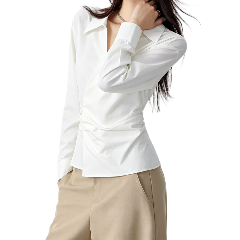 REINAREA | 2026 Fall Women Wrap Twist Waist Shirt | Long Sleeve Collared Slim Fit Blouse | Elegant Ruched Design Casual Office Top | Black White Two Colors