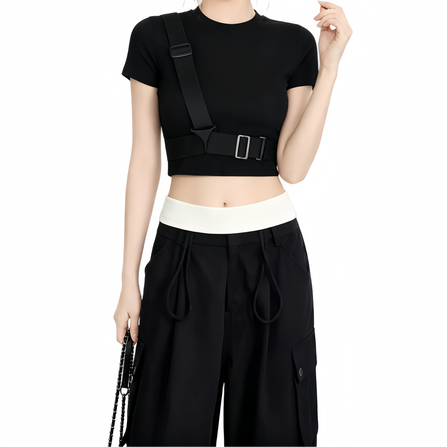 REINAREA | Women's Techwear Harness Crop Top | Cool Buckle Strap Short Sleeve Slim Fit Cropped T-Shirt | Edgy Streetwear Y2K Grunge Tee for Dance Club