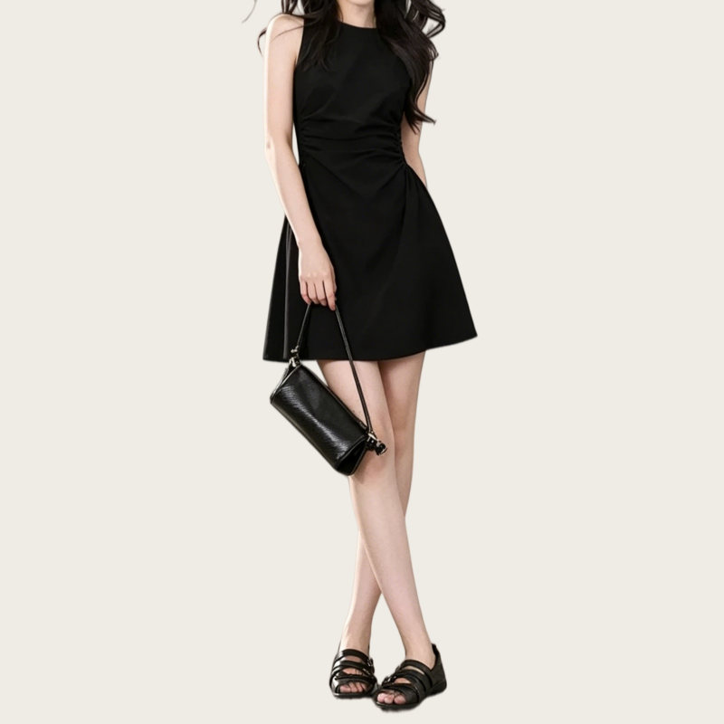 REINAREA | 2026 Summer Women Sleeveless Ruched Waist Mini Dress | Elegant Slimming A-Line Flare Tank Dress