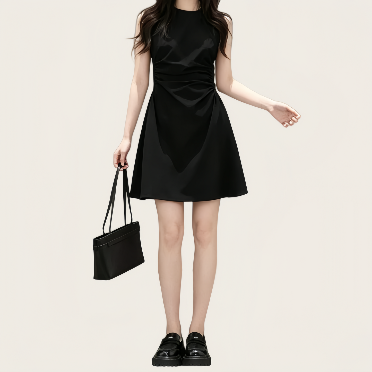 REINAREA | 2026 Summer Women Sleeveless Ruched Waist Mini Dress | Elegant Slimming A-Line Flare Tank Dress