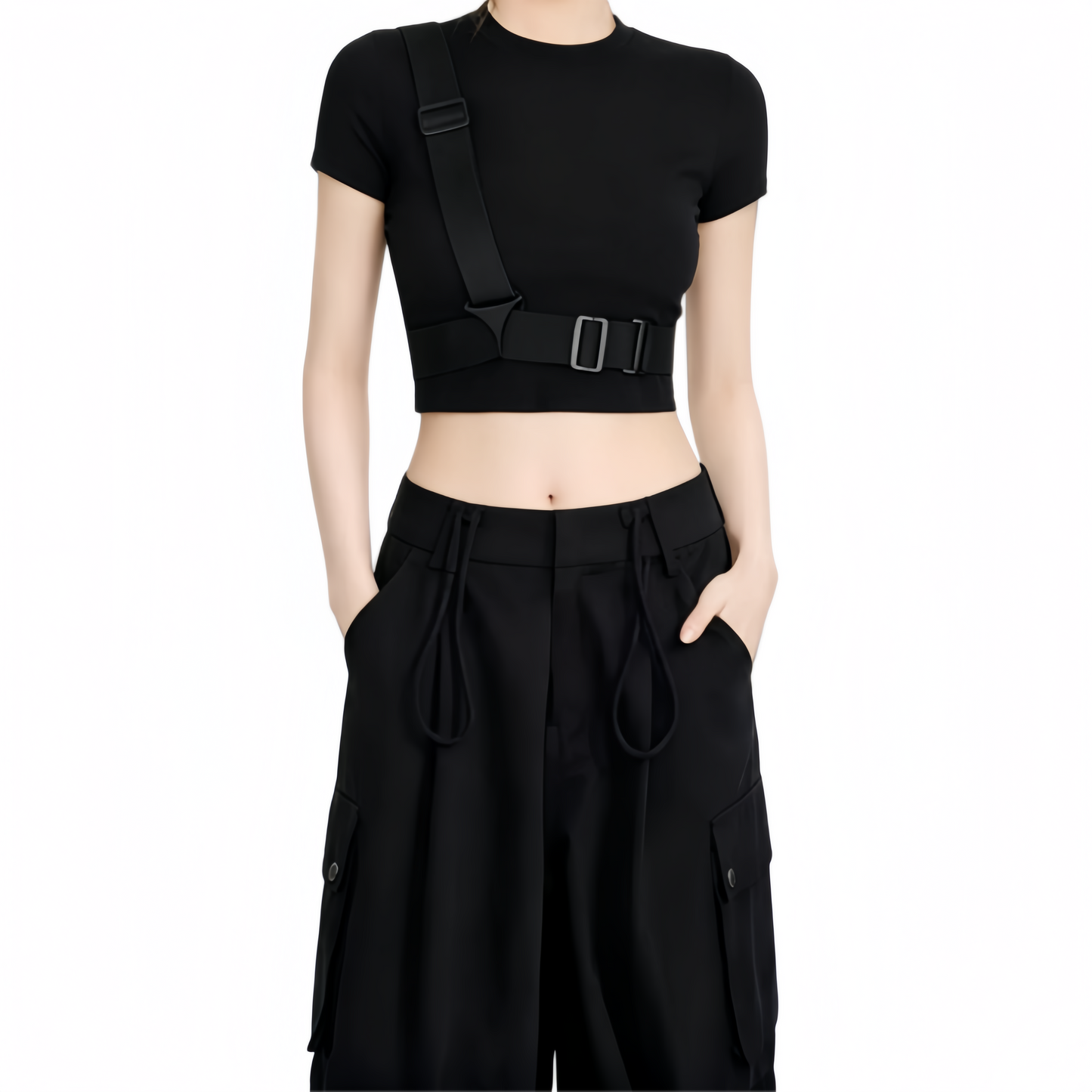 REINAREA | Women's Techwear Harness Crop Top | Cool Buckle Strap Short Sleeve Slim Fit Cropped T-Shirt | Edgy Streetwear Y2K Grunge Tee for Dance Club