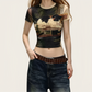 REINAREA | Women Vintage Cat Print Crop T-Shirt | Plus Size Slimming Fitted Short Sleeve Top | Y2K Hot Girl Crew Neck Cropped Tee