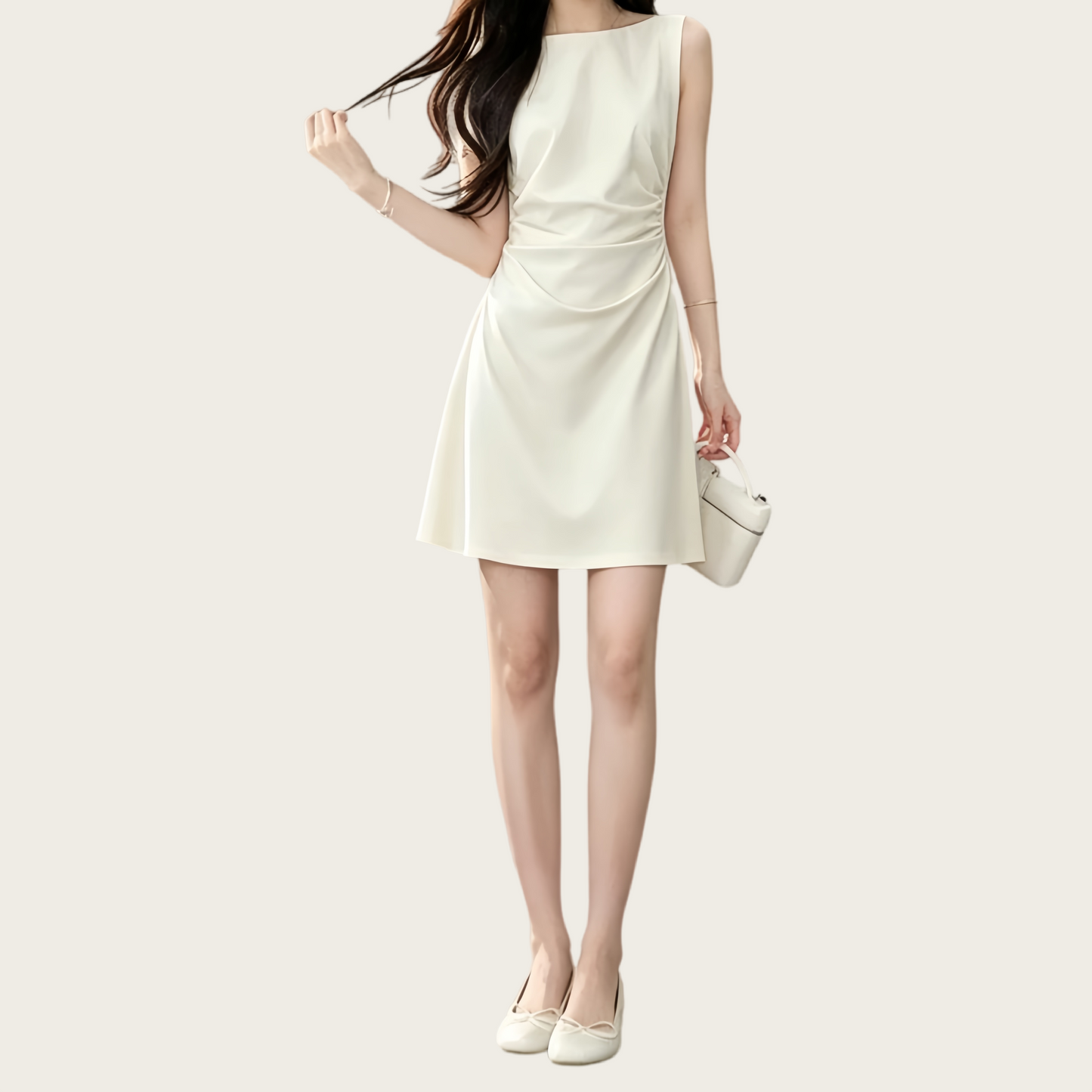 REINAREA | 2026 Summer Women Sleeveless Ruched Waist Mini Dress | Elegant Slimming A-Line Flare Tank Dress