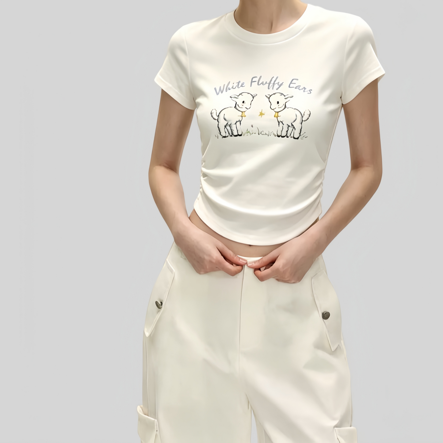 REINAREA | Women Cute Lamb Print Ruched Crop T-Shirt | Summer Casual Crew Neck Fitted Short Sleeve Curved Hem Top