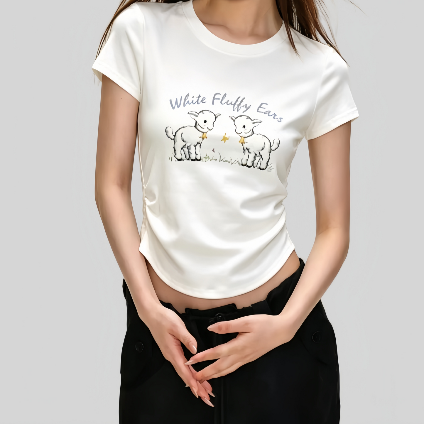 REINAREA | Women Cute Lamb Print Ruched Crop T-Shirt | Summer Casual Crew Neck Fitted Short Sleeve Curved Hem Top