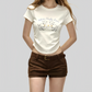 REINAREA | Women Cute Lamb Print Ruched Crop T-Shirt | Summer Casual Crew Neck Fitted Short Sleeve Curved Hem Top