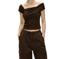 REINAREA | Women Irregular Off Shoulder Crop T-Shirt | Summer Unique Wrap Asymmetrical Neck Fitted Short Sleeve Top