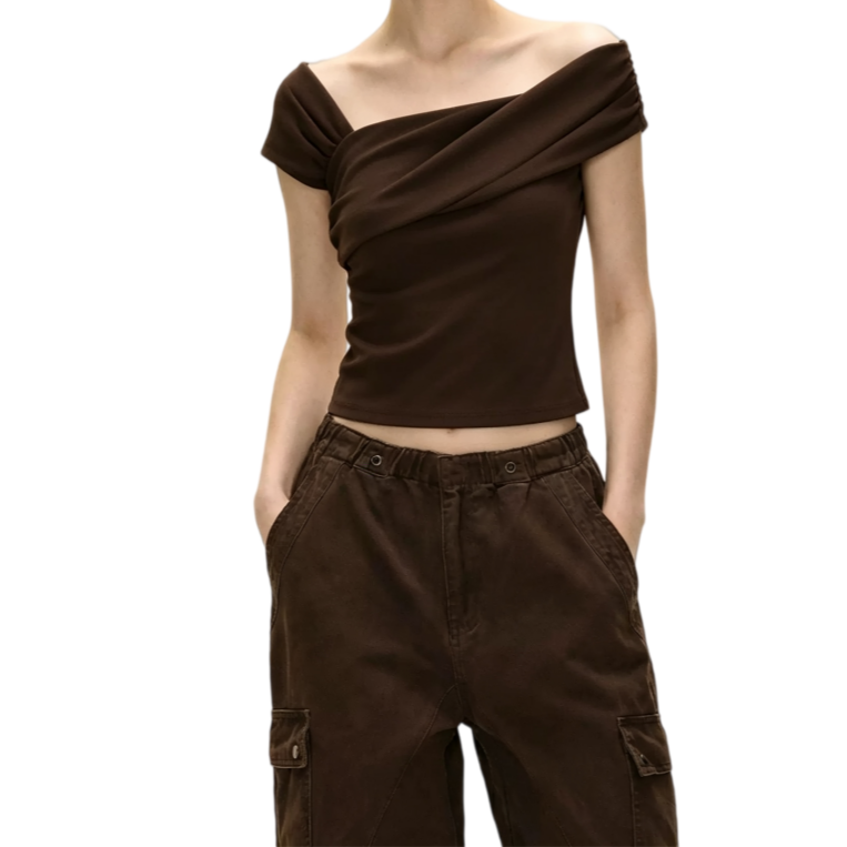 REINAREA | Women Irregular Off Shoulder Crop T-Shirt | Summer Unique Wrap Asymmetrical Neck Fitted Short Sleeve Top