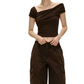 REINAREA | Women Irregular Off Shoulder Crop T-Shirt | Summer Unique Wrap Asymmetrical Neck Fitted Short Sleeve Top