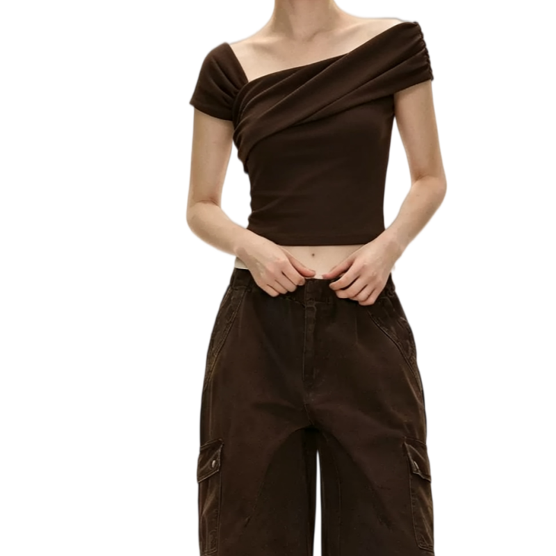 REINAREA | Women Irregular Off Shoulder Crop T-Shirt | Summer Unique Wrap Asymmetrical Neck Fitted Short Sleeve Top