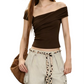 REINAREA | Women Irregular Off Shoulder Crop T-Shirt | Summer Unique Wrap Asymmetrical Neck Fitted Short Sleeve Top
