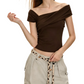 REINAREA | Women Irregular Off Shoulder Crop T-Shirt | Summer Unique Wrap Asymmetrical Neck Fitted Short Sleeve Top