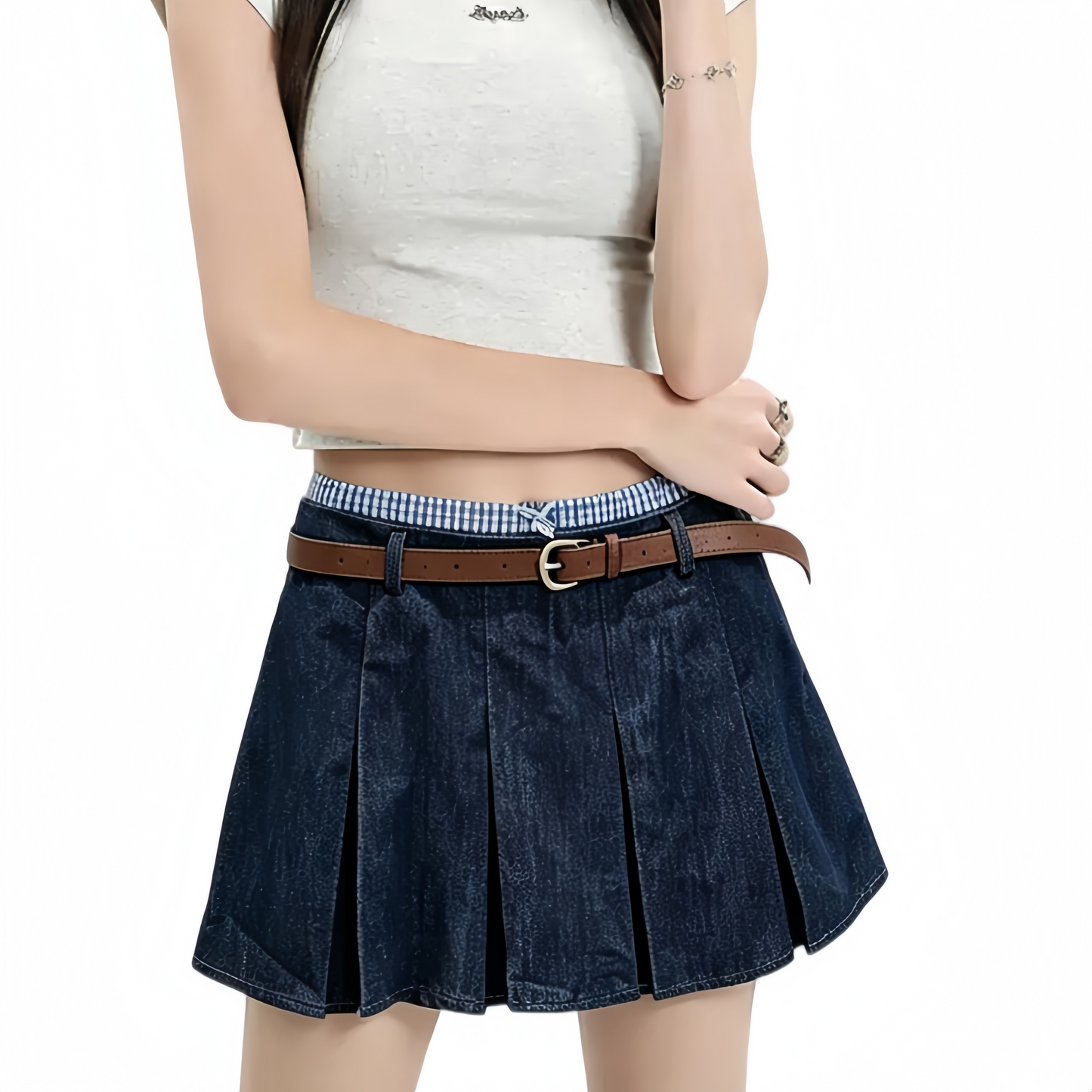 REINAREA | Women Y2K Denim Pleated Mini Skirt | Preppy Gingham Contrast Waist Low Rise Jean Skort With Belt