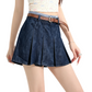 REINAREA | Women Y2K Denim Pleated Mini Skirt | Preppy Gingham Contrast Waist Low Rise Jean Skort With Belt