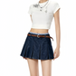 REINAREA | Women Y2K Denim Pleated Mini Skirt | Preppy Gingham Contrast Waist Low Rise Jean Skort With Belt