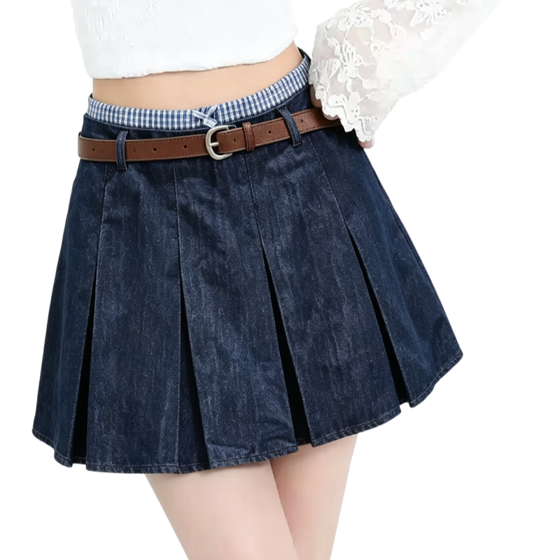 REINAREA | Women Y2K Denim Pleated Mini Skirt | Preppy Gingham Contrast Waist Low Rise Jean Skort With Belt