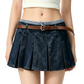 REINAREA | Women Y2K Denim Pleated Mini Skirt | Preppy Gingham Contrast Waist Low Rise Jean Skort With Belt