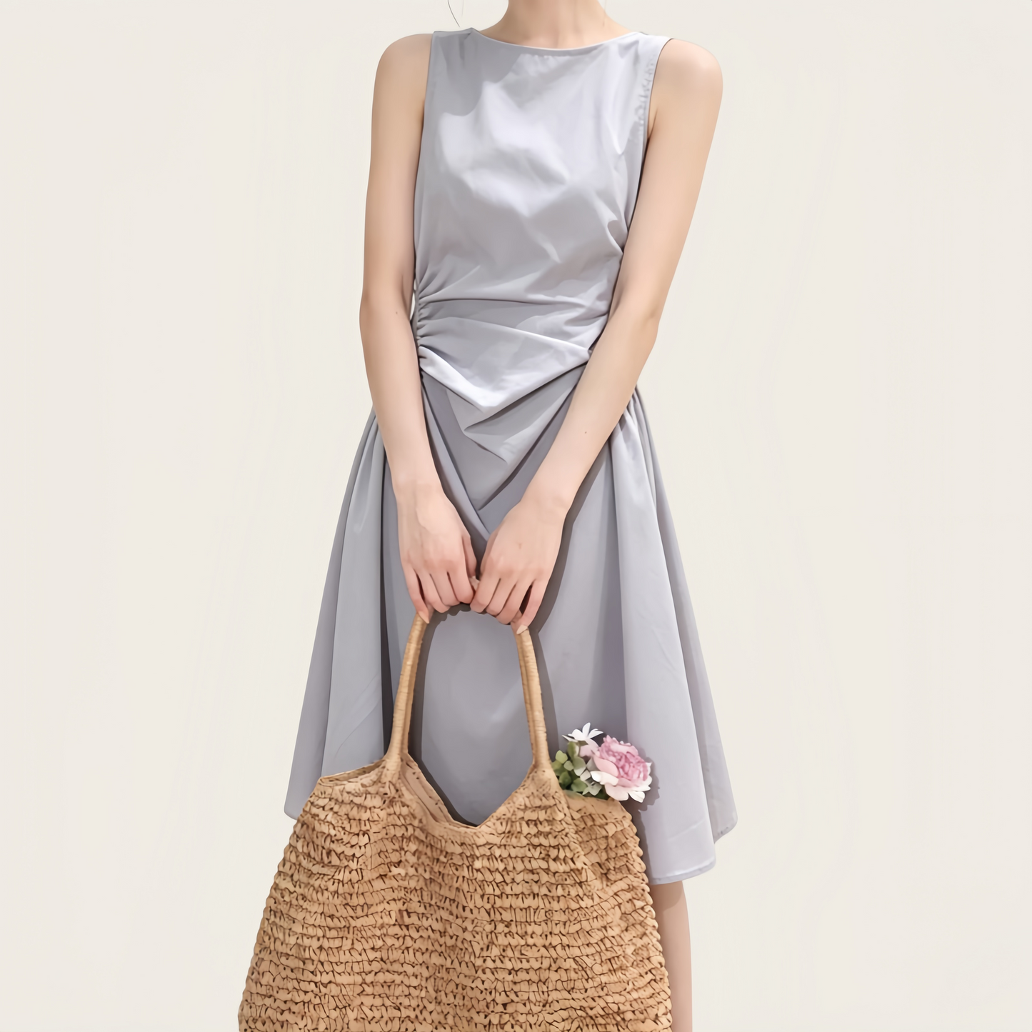 REINAREA | 2026 Summer Women Sleeveless Ruched Waist Mini Dress | Elegant Slimming A-Line Flare Tank Dress