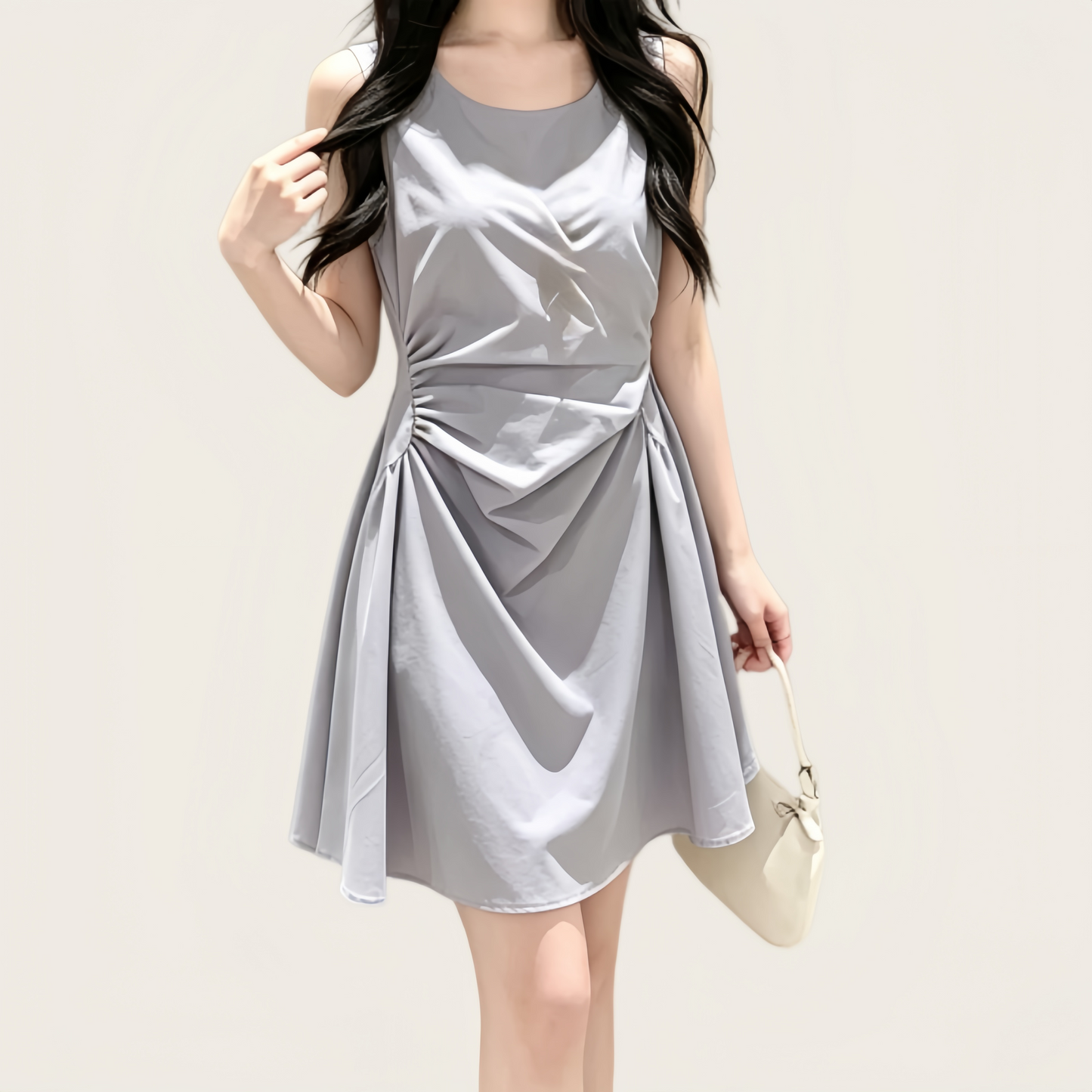 REINAREA | 2026 Summer Women Sleeveless Ruched Waist Mini Dress | Elegant Slimming A-Line Flare Tank Dress