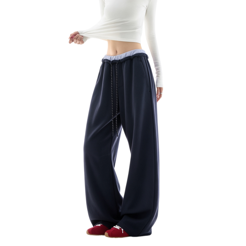 REINAREA | Fall 2026 New Arrival Women's Contrast Waist Wide Leg Sweatpants | Fake Two Piece Drawstring Drapey Relaxed Straight Casual Trousers for Daily Loungewear Streetwear