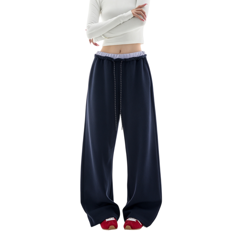 REINAREA | Fall 2026 New Arrival Women's Contrast Waist Wide Leg Sweatpants | Fake Two Piece Drawstring Drapey Relaxed Straight Casual Trousers for Daily Loungewear Streetwear