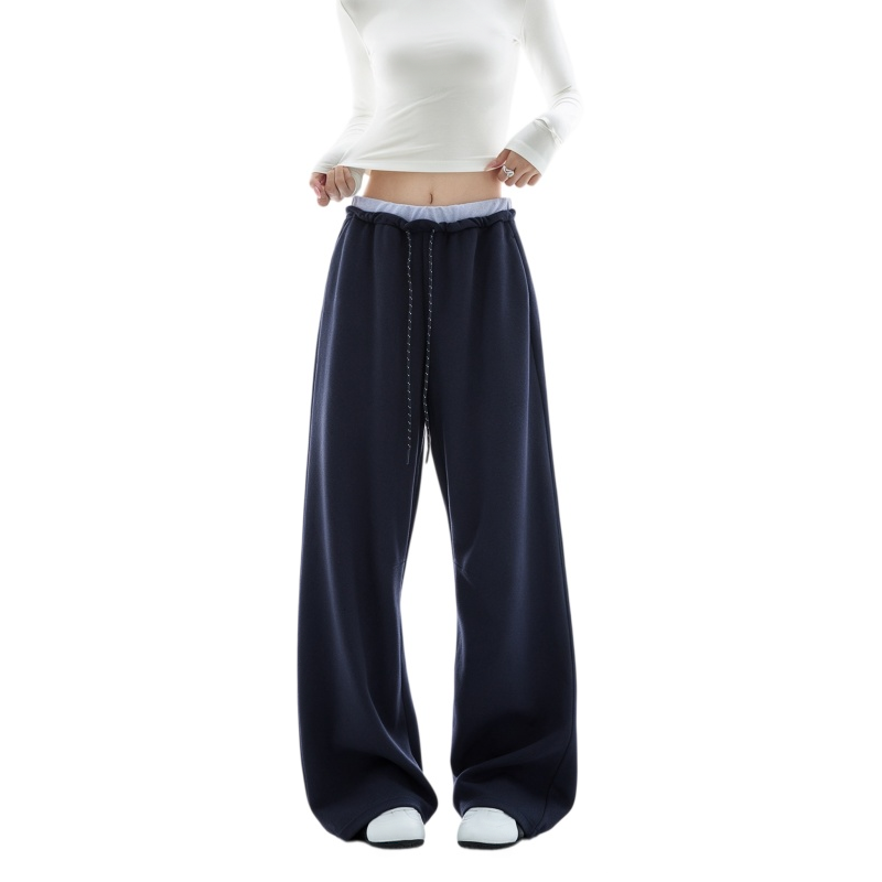 REINAREA | Fall 2026 New Arrival Women's Contrast Waist Wide Leg Sweatpants | Fake Two Piece Drawstring Drapey Relaxed Straight Casual Trousers for Daily Loungewear Streetwear