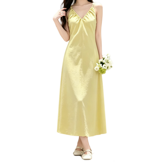 REINAREA | Women Summer Yellow Spaghetti Strap Midi Dress | Vacation Elegant V-Neck Backless Flowy Slip Dress