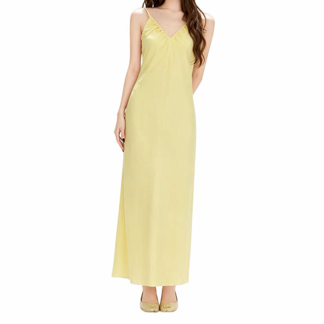 REINAREA | Women Summer Yellow Spaghetti Strap Midi Dress | Vacation Elegant V-Neck Backless Flowy Slip Dress